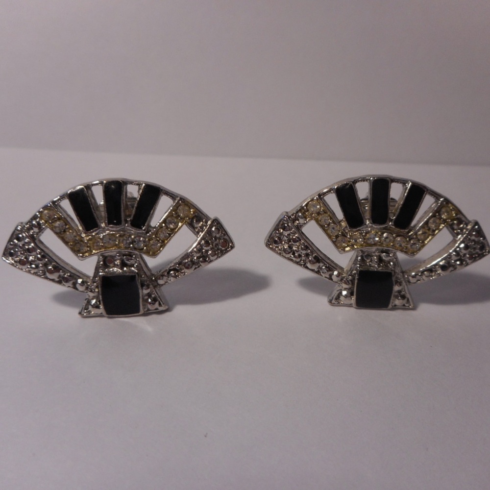 Black Enamel Rhinestone Accent Silver Tone Fan Clip Earrings Vintage 1980s
